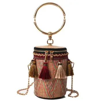 

Bageek Fashion Rural Style Straw Woven Handmade Women'S Handbag Bucket Bag With Ring Ethnic Style Crossbody Shoulder Bag