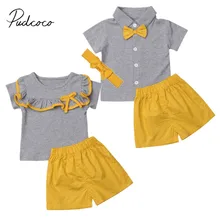 Фирменная Новинка Дети для маленьких девочек мальчиков, брата и сестры наборы Оборки/короткий рукав, с бантом Футболка+ желтые шорты комплект из 2 предметов, одежда