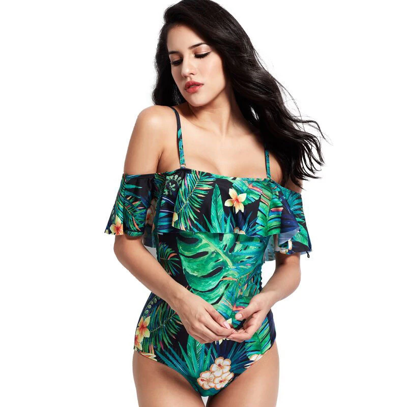 

2018 Women One Piece Swimsuit Off Shoulder Bikini Set Lotus Leaf Printing Bandage Push-Up Swimwear Brazilian Bathing Beachwear