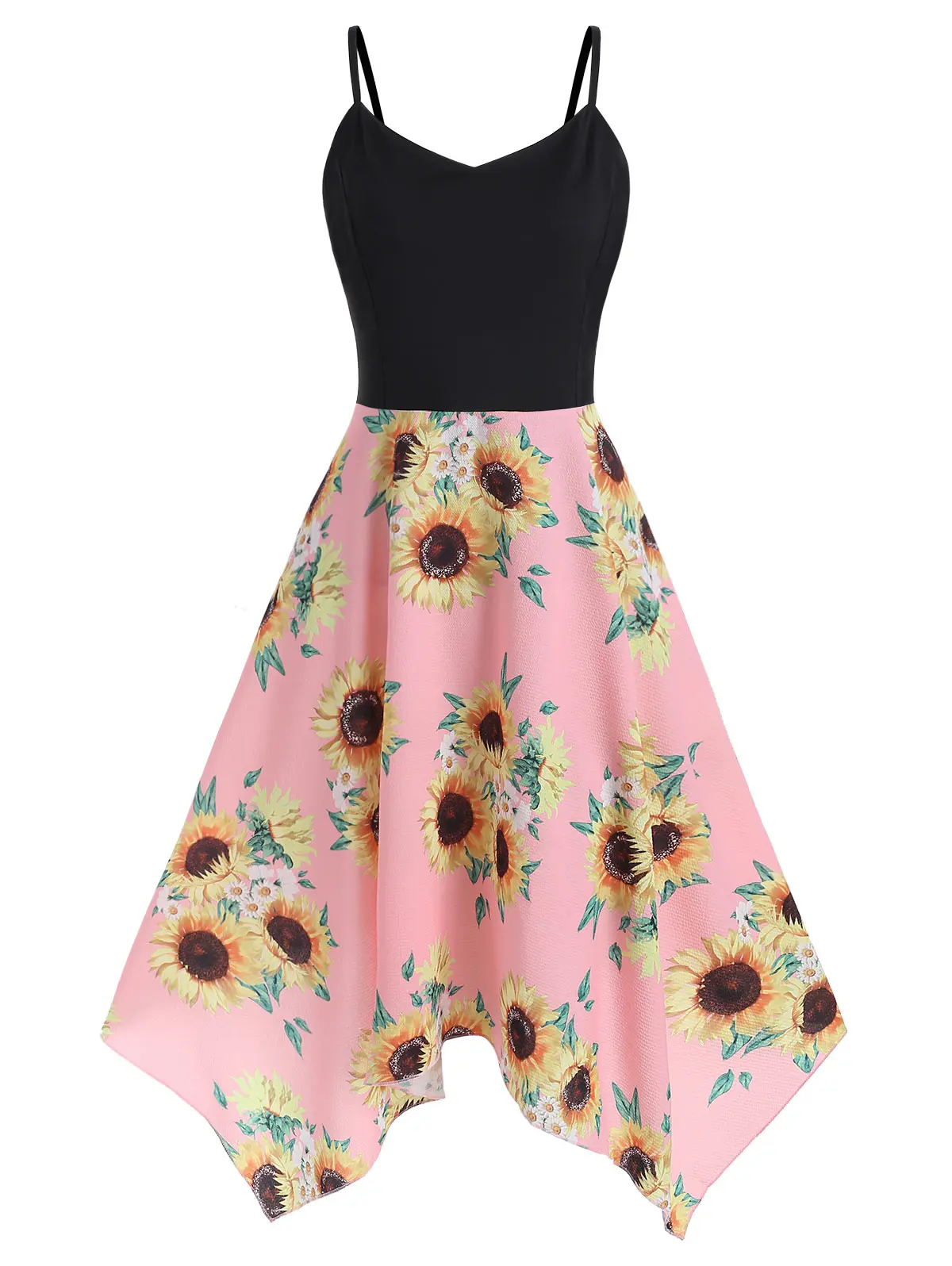 

Plus Size Sunflower Print Women Dress Sexy Spaghetti Strap Summer Beach Boho Dress High Waist Asymmetrical A-Line Dresses
