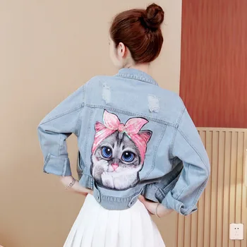 

#3349 Summer Casual Short Denim Jacket Women Sequins Cat Printed Jeans Jacket Ladies Plus Size 4XL 5XL Outerwear Holes Harajuku