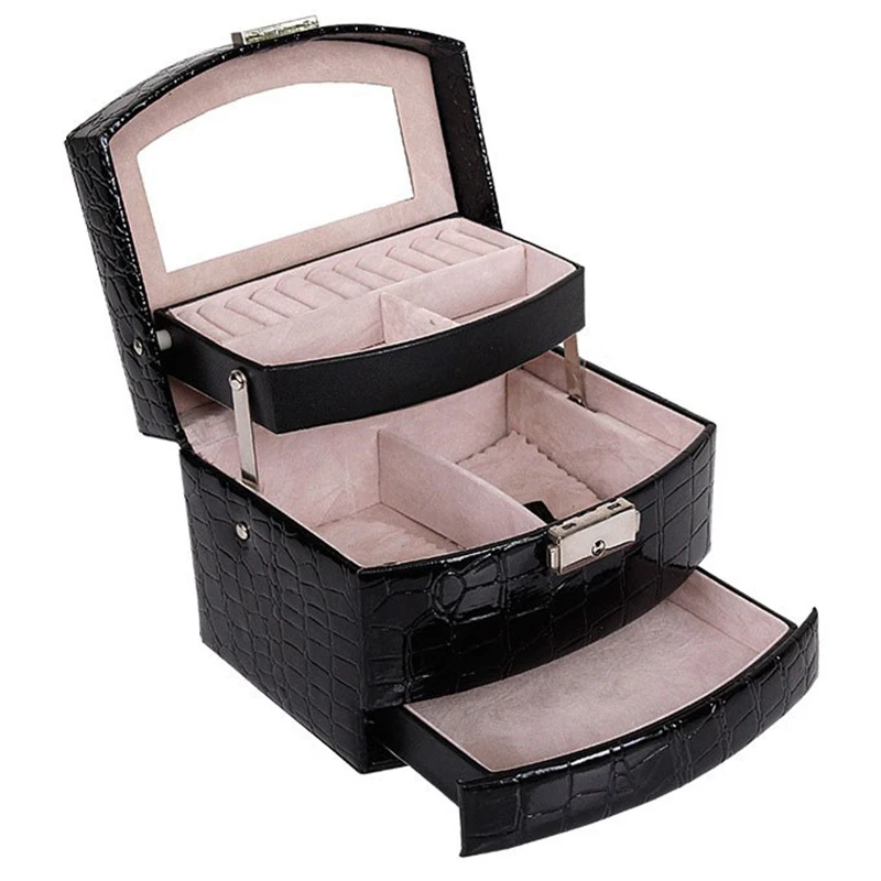 

Automatic Leather Jewelry Box Three-layer Storage Box For Women Earring Ring Cosmetic Organizer Casket For Decorations