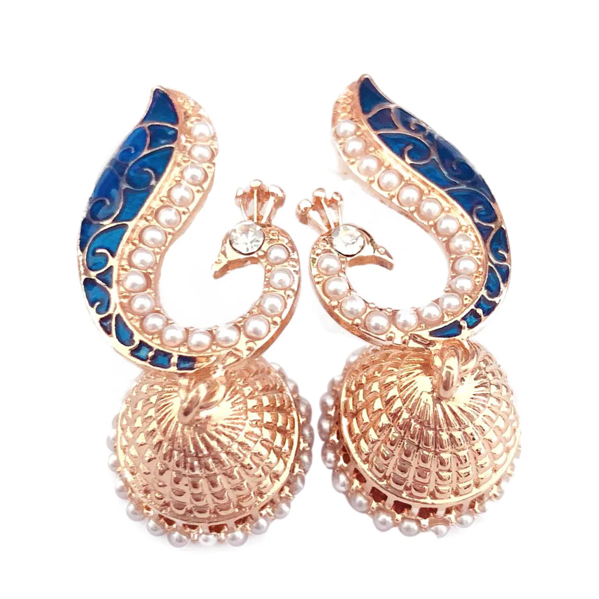 

Gold Pearl Blue Peacock Drop Earrings For Women Indian Jewelry