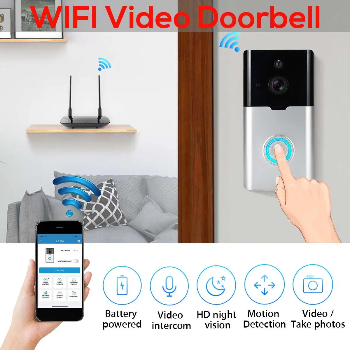 

Smart WiFi Wireless Doorbell 1080P HD Video Camera Two-Way Talk Night Vision Video Intercom Phone Call Security Door Bell