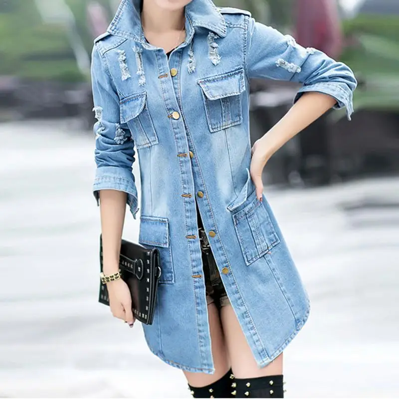 Spring Denim Long Jacket Coat Blue Slim Fit Wild Jean Jacket Fashionable Streetwear Female Coat Jean Long Sleeve Pockets Jackets
