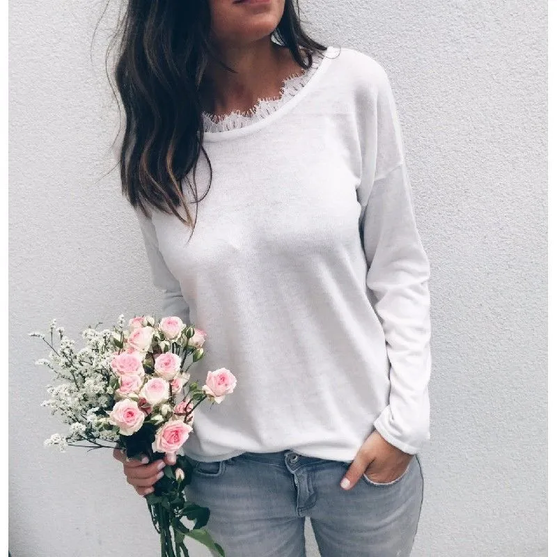Sexy Women's Casual Backless Tops Blouse Lace Patchwork Long Sleeve Loose Shirt White/Black Ladies Autumn Baggy Blouse Hot Sale