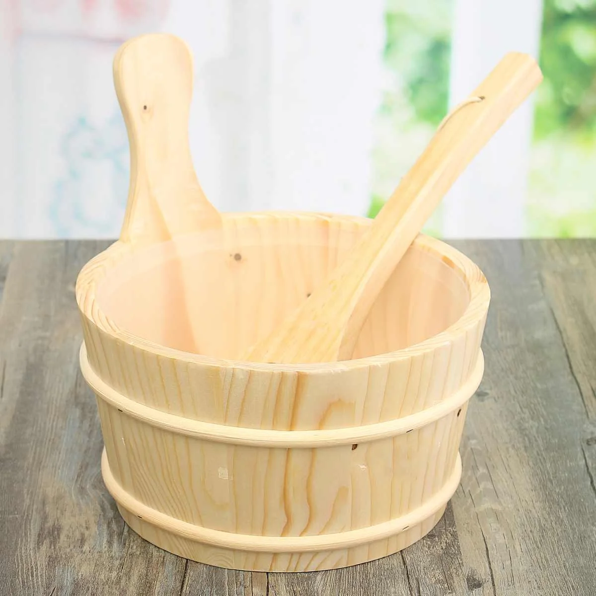 

4L Sauna Wooden Bucket Pail Ladle PE Liner Combined Set Sauna Room Accessory Wooden Bucket Ladle With Linner