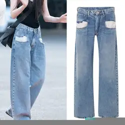 2019 Весна уличная мода повседневное Высокая талия джинсы для женщин прямые женские Лоскутная карман боты украшения мотобрюки