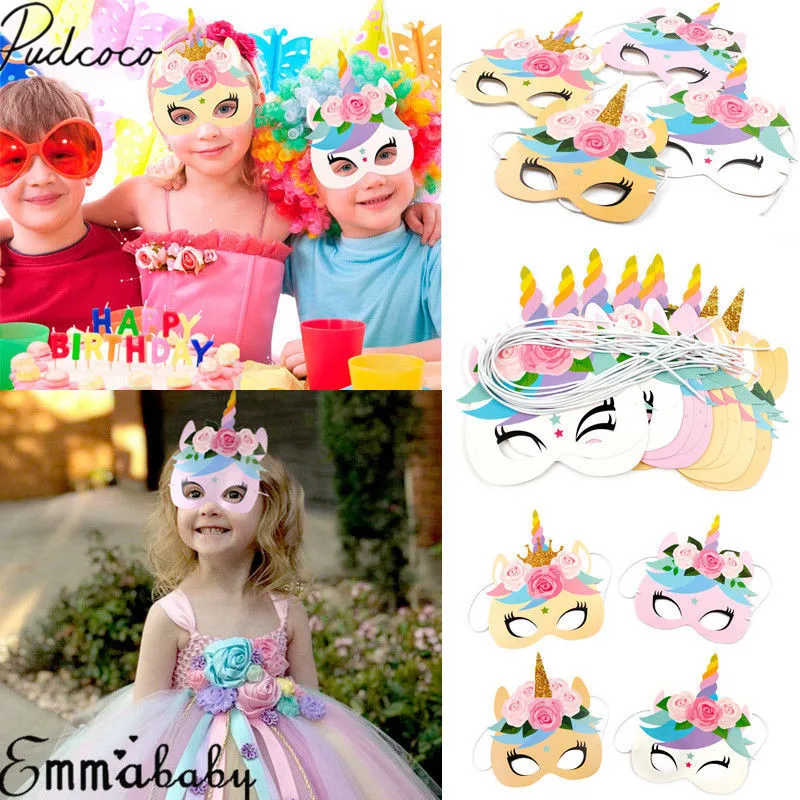 

2019 Brand New 12PCS/Pack Flower Unicorn Masks Baby Party Rainbow Birthday Paper Headbands Kids Favors Headwear Photo Prop Gifts