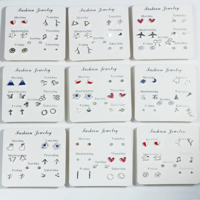 

7 Pair/Set One Week Cubic Zircon Earrings Sets Simple Crystal Heart Pearl Stud Earrings for Women Daily Valentine's Day Gift