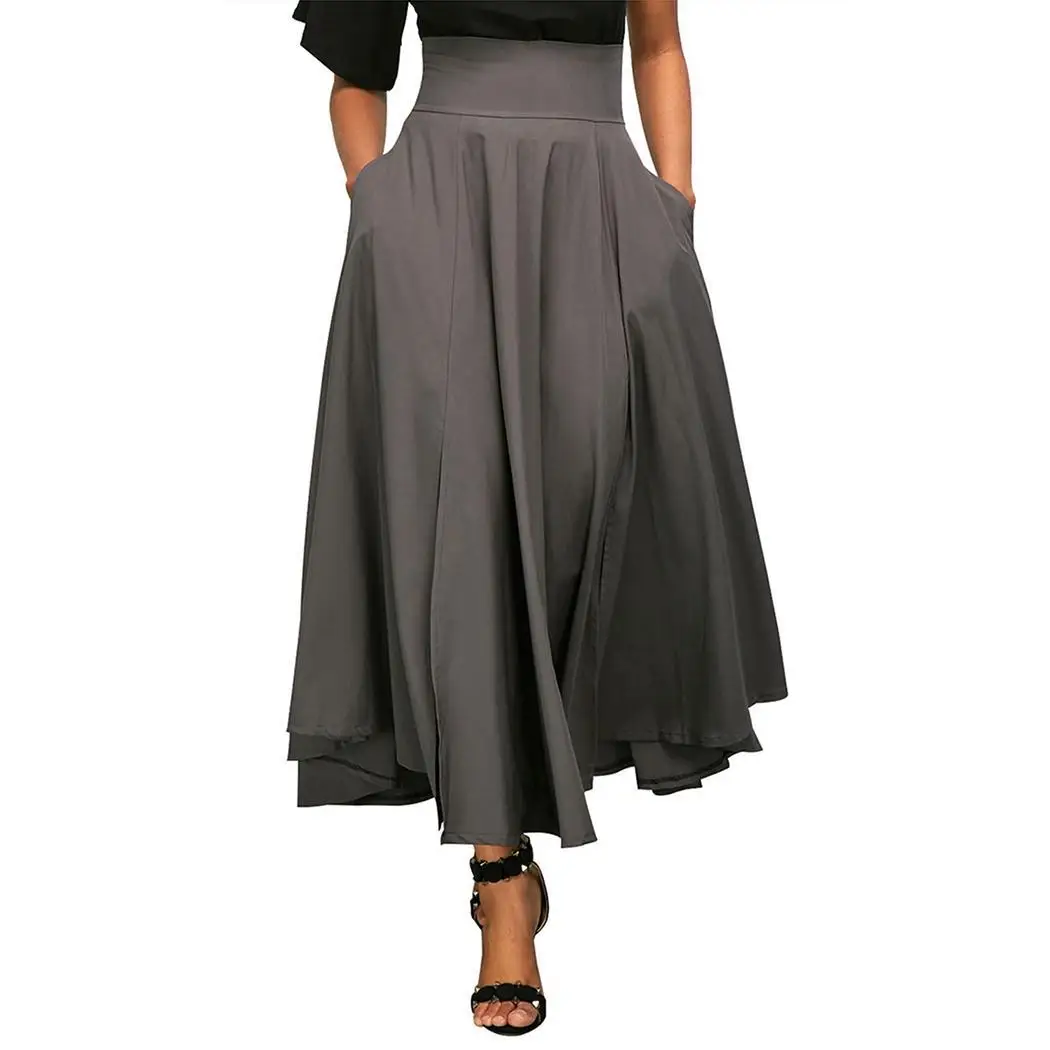 

Women Casual Solid Pleated Swing Hem High Waist Ankle Length Loose Summer, Spring, Autumn Pockets Skirt