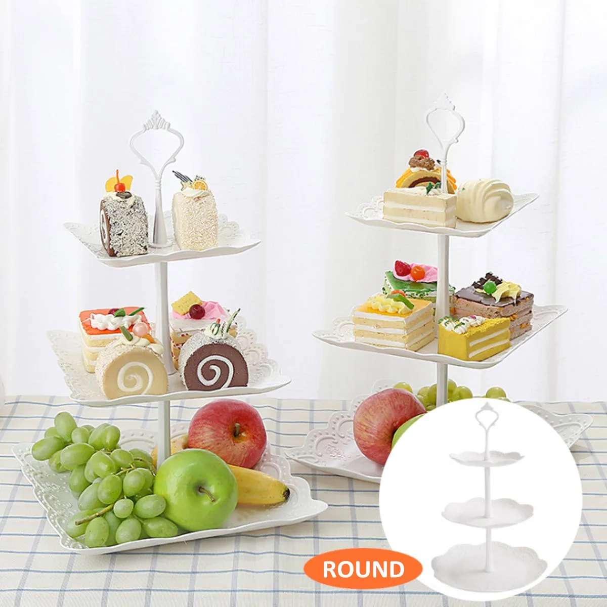 

White 3 Tiers Plastic Cake Stand Tray Square/Round Cupcake Dessert Display Rack Christmas Wedding Party Decoration Cake Tools