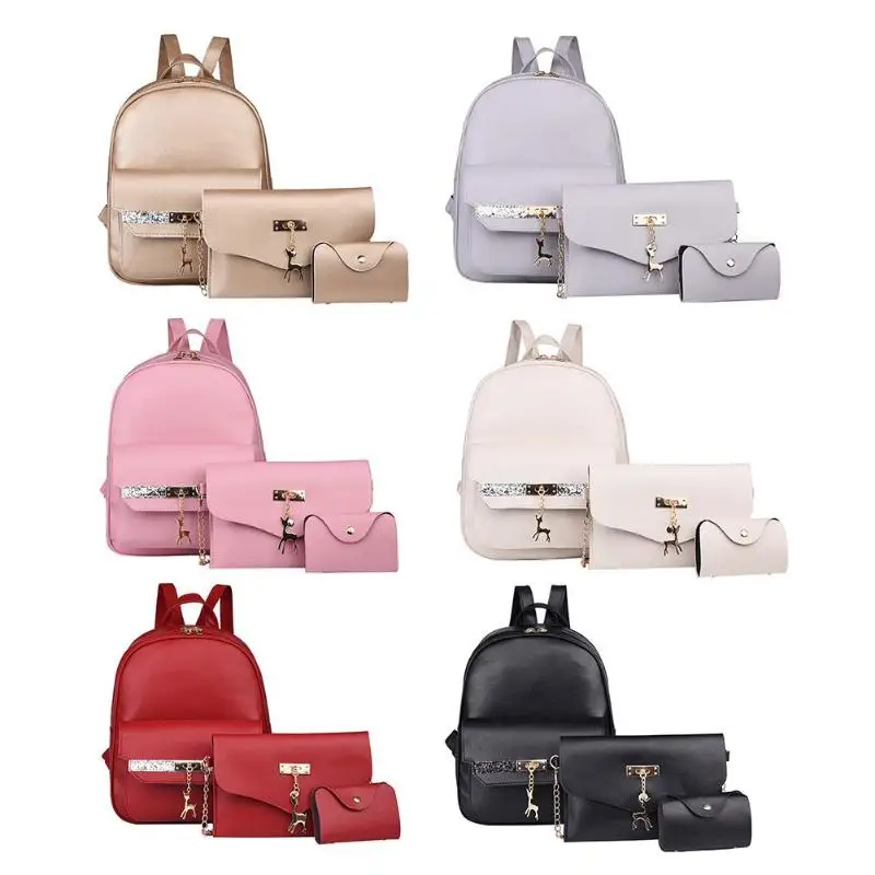 

3pcs/Set Glitter Women PU Leather Deer Pendant Backpacks Card Shoulder Bags Travel Bag purse