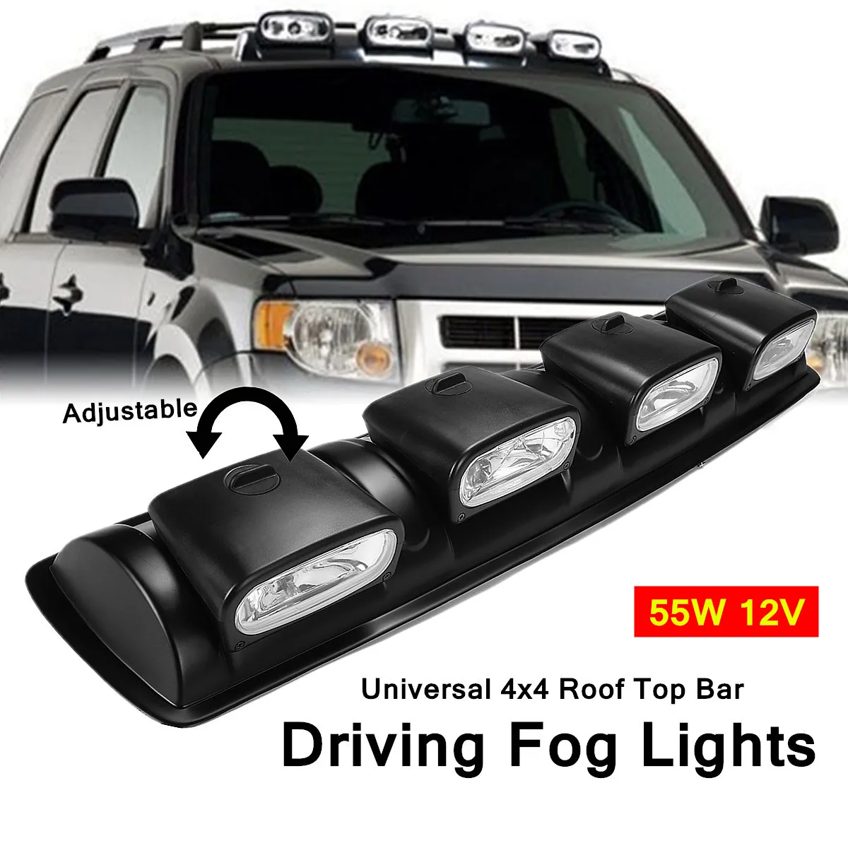 

Universal 4x4 Roof Top Bar Driving Fog Lights 4 Lens Offroad Spot Head Lamps 55W ABS Plastic Bracket + H3 Bulb 955x215x105mm