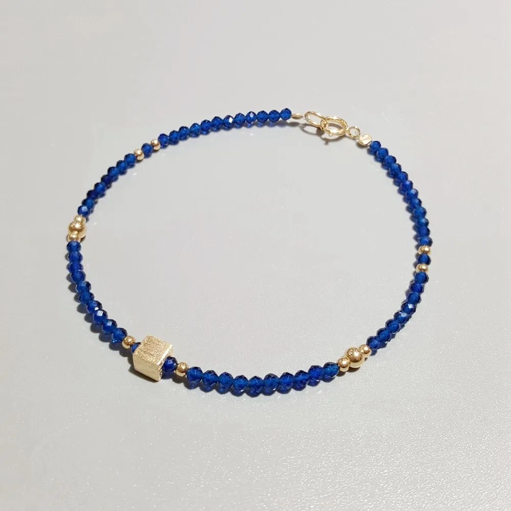 

LiiJi Unique Lab-Created Sapphires 2mm Beads with 925 Sterling Silver Gold color Matte Cube Delicate Bracelet