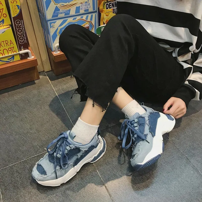 

Canvas Denim Shoes Height Increasing Vulcanize Casual Shoes Woman Creepers Platform Shoe Female Wedges Walking Sneakers