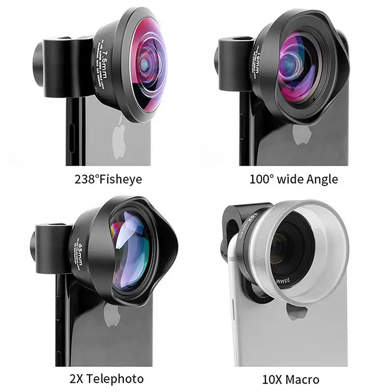 PHOLES 4 в 1 объектив камеры мобильного телефона комплект широкоугольный телеобъектив Макро Рыбий глаз линзы для Iphone Xs Max X 8 huawei P20 Pro