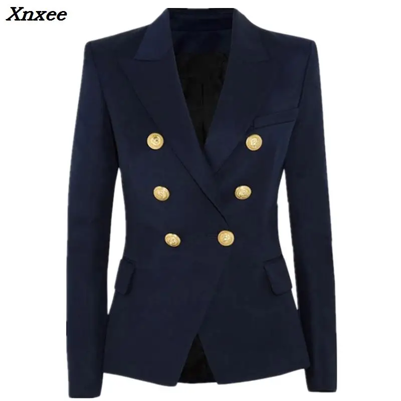 Fashion blazer jacket fall winter women's suit double breasted metal lion buttons slim overcoat Xnxee