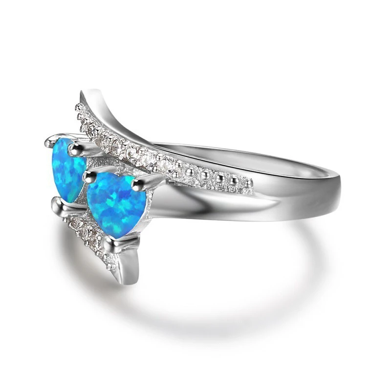 Sale Romantic Moonstone Blue Heart Fire Opal Ring Jewelry For Women Silvery Zircon Wedding Engagement Rings