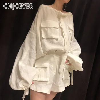 

CHICEVER Summer Vintage Solid White Women Two Piece Set Slash Neck Lantern Sleeve Pullover With Button Fly Pockets Shorts Sets