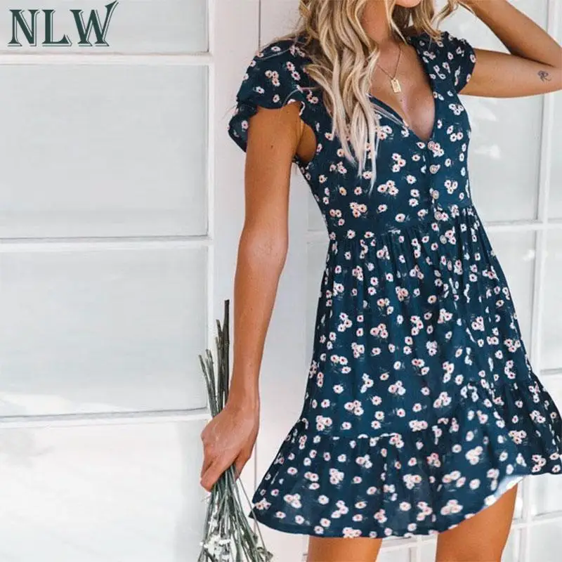 

NLW Women 2019 Summer Sexy V Neck High Waist Short Dress Fashion Floral Print A-Line Female Dress Casual Holiday Girl Vestidos