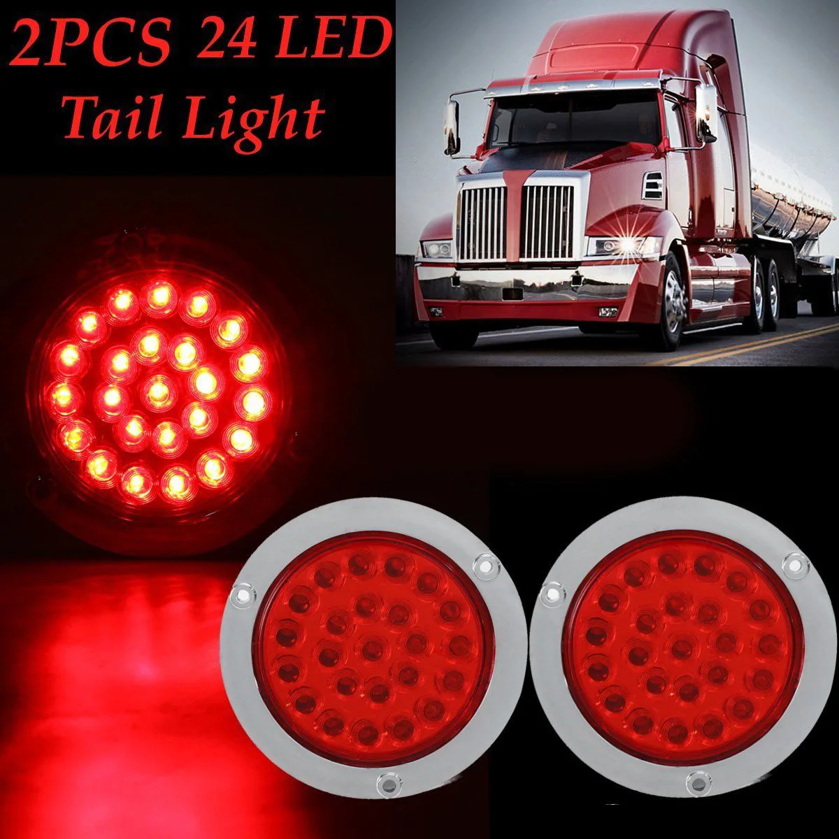 

2x 12V Red Round 24LED Truck Trailer Brake Turn Signal Rear Tail Lights Stop Reverse Safety Indicator Lights for Truck Trailer