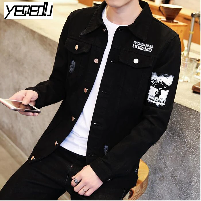 #7406 Spring2019 Harajuku Ripped Jeans Jacket Men Black Streetwear Destroy Casual Slim Denim Jeans Men Windbreaker Bomber Jacket