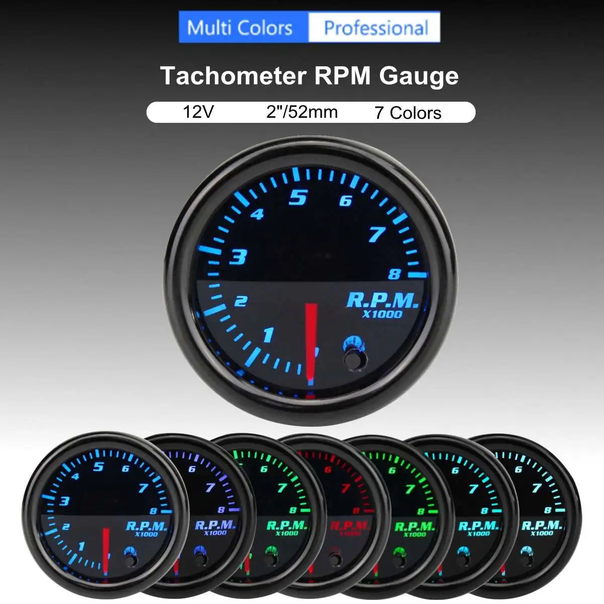 

12V Universal 2 Inch 52mm Tachometer Tach RPM Gauge Digital 7 Color LED Display Car Meter