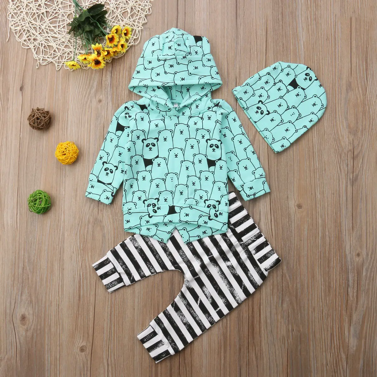 

3Pcs Baby Girl Clothes Cartoon Bear Print Hoodie Tops +Striped Pants Newborn Clothes Autumn Casual Outfits Set Infant Clothing