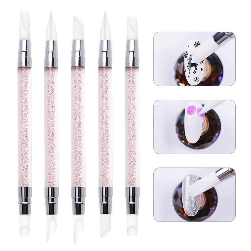 

5 Pcs/Set Silicone Nail Art Carving Pen Rhinestone Acrylic Silver Handle Carving Drawing Painting Pencil Manicure Tool