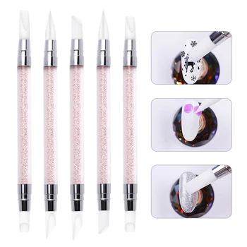 

5 Pcs/Set Silicone Nail Art Carving Pen Rhinestone Acrylic Silver Handle Carving Drawing Painting Pencil Tool