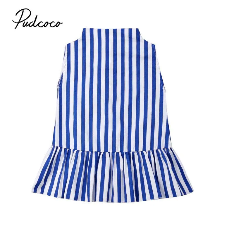 

2019 Brand Toddlers Kids Baby Girls Dress Sleeveless Elegant New Fashion Summer A-Line Button Striped Princess Dress 1-6Y