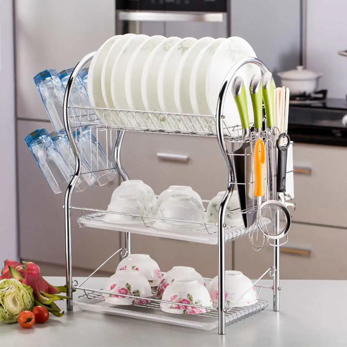 

3 Tiers Stainless Steel Dish Drying Rack Kitchen Washing Holder Basket Plated Kitchen Knife Sink Dish Drainer Rack Organizer