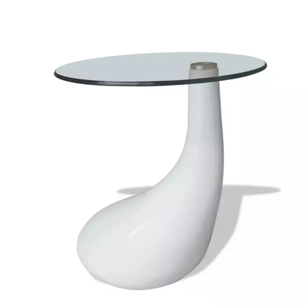 VidaXL Small Scale Coffee Table With 8 Mm Thickness Round Glass Table Top Water-Drop Shaped Base White Cafe Table
