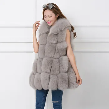 

Fashion Women Coat Gray Fake Fur Vests Fur Coat Female Mid Long Overcoat Faux Fox Mink Fur Vest With Hooded Women Winter Thicken