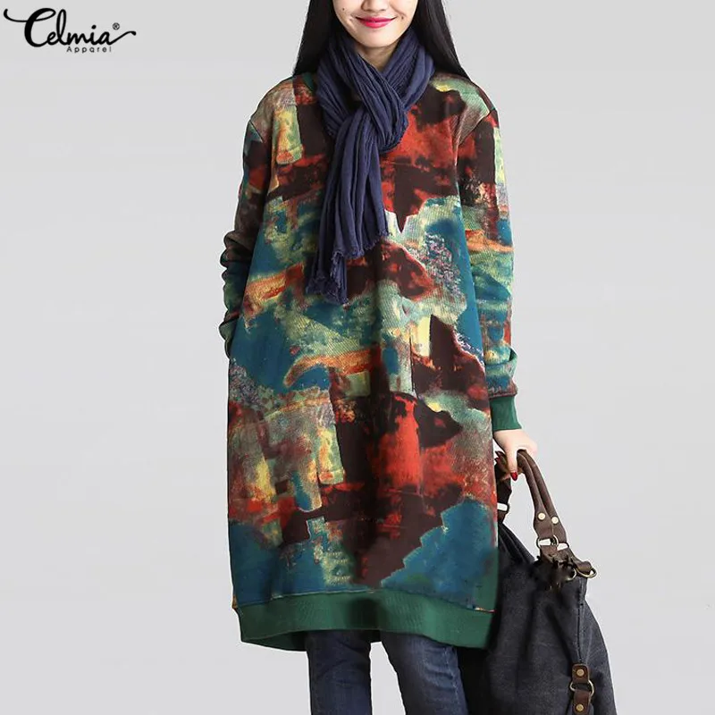 

Celmia 2019 Autumn Winter NEW Women Vintage Printed Dress Velvet Pockets Female Casual Loose Midi Dresses Vestidos Plus Size 5XL