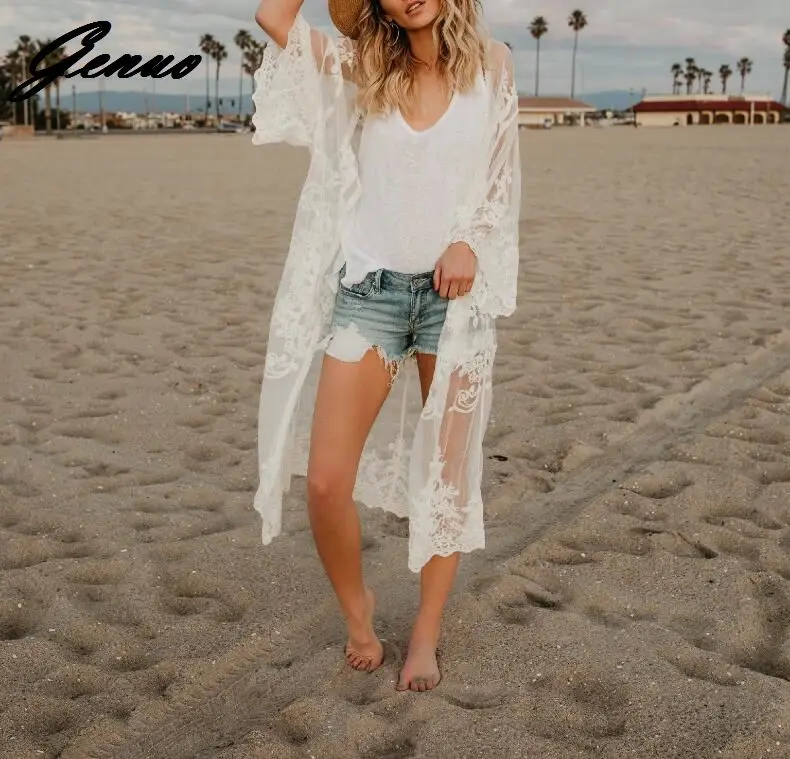Women Casual Vintage Boho Kimono Cardigan Lace Full Sleeve Blouse Bohemian Beach Long Oversized Coat Cardigan mujer Tops