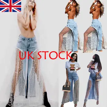 

Plus Size Women High Waist Button Flared Denim Pants Jeans New Sexy Summer Wide Leg Mesh Patchwork Fashion Pants Trousers
