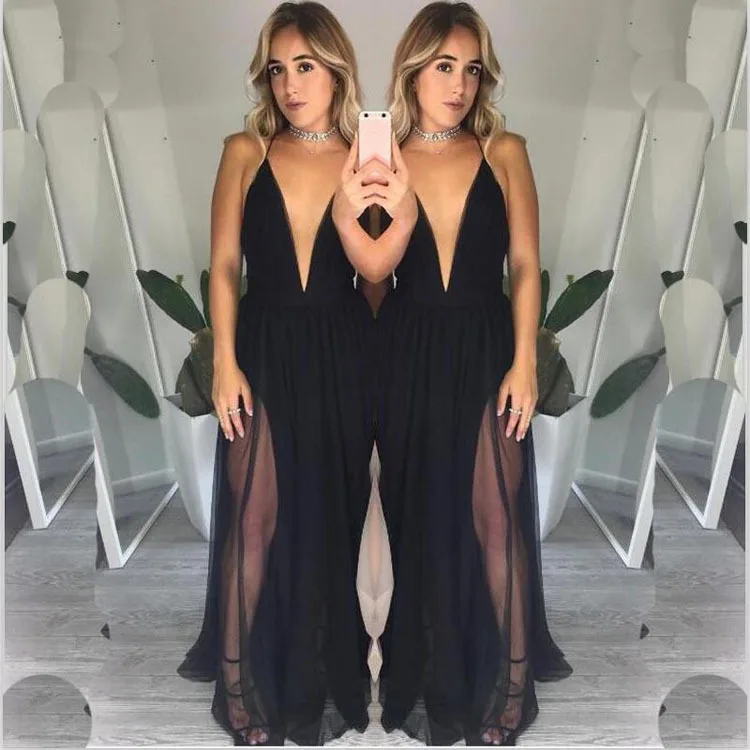 

OCQBI Sexy Spaghetti Strap Deep V Solid Slit Chiffon A-Line Women Dresses Sleeveless Backless Empire Dress Vestidos Mujer 2018