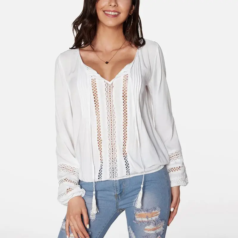 Long Lantern Sleeves Blouse and Shirts Women 2019 Summer Beach Bohemia Blouse Solid Hollow Out Design Sexy V-Neck Tops Shirts