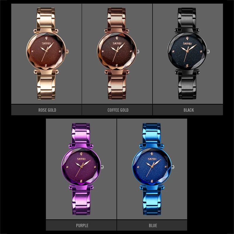 Skmei Women S Quartz Watch Elegant Starry Dial Steel Strap Diamond Mirror Watch 9180