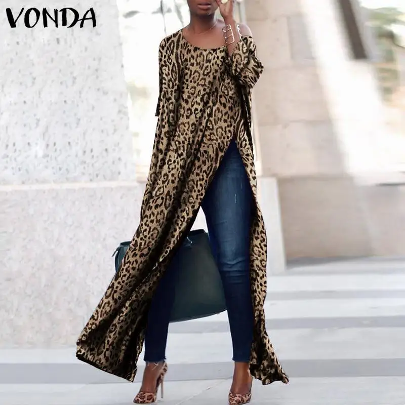 

VONDA Plus Size Women Leopard Print Dress 2019 Autumn Sexy Split Club Party Maxi Dresses Casual Loose Long Sleeve O Neck Vestido