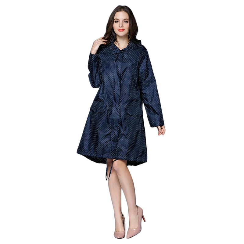 

Fashion Women'S Raincoat Breathable Ladies Long Raincoat Portable Waterproof Raincoat Blue With Dot Print