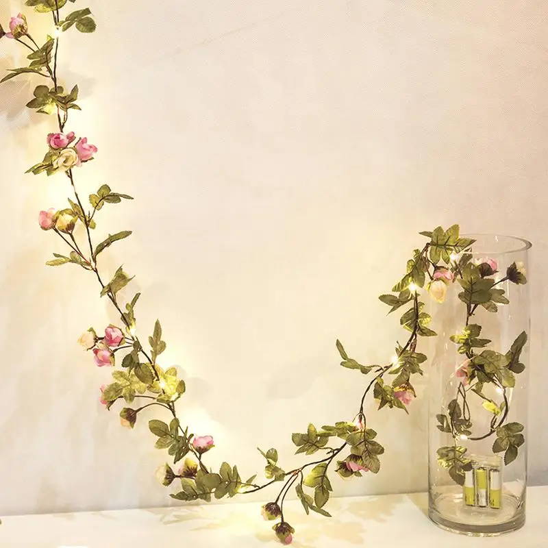 2 м 20 светодиодный Рождество светодиодный фея Гирлянда DIY искусственный Шелковая Роза цветок виноградные листья гирлянды украшение для