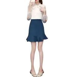 Весенняя женская новая рубашка с бантом рыбий хвост юбка Юбки Двухсекционный наряд белый бант вышивка рубашка и синяя юбка vestidos S-XL