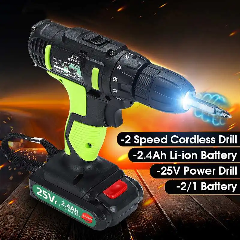 

220V 250W High Torque 2-Speed Electric Cordless Drill 3/8 Inch Driver Screwdriver 1/2 Li-Ion Batteries Rechargeable 25V