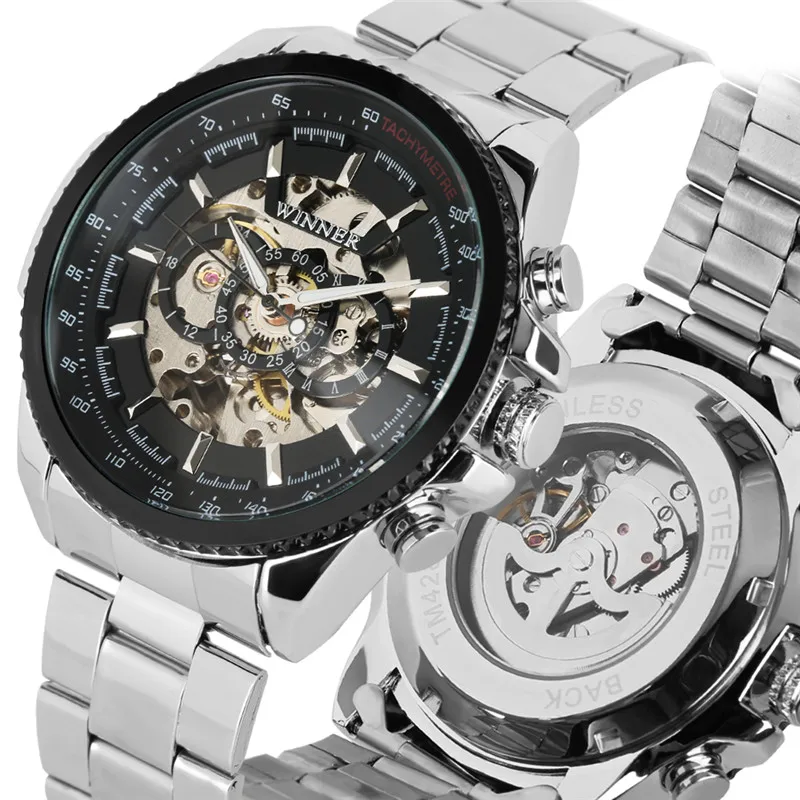 Модные Нержавеющая сталь скелет часы Мужские автоматические механические часы Бизнес автоматический-автоподзаводом Механические часы