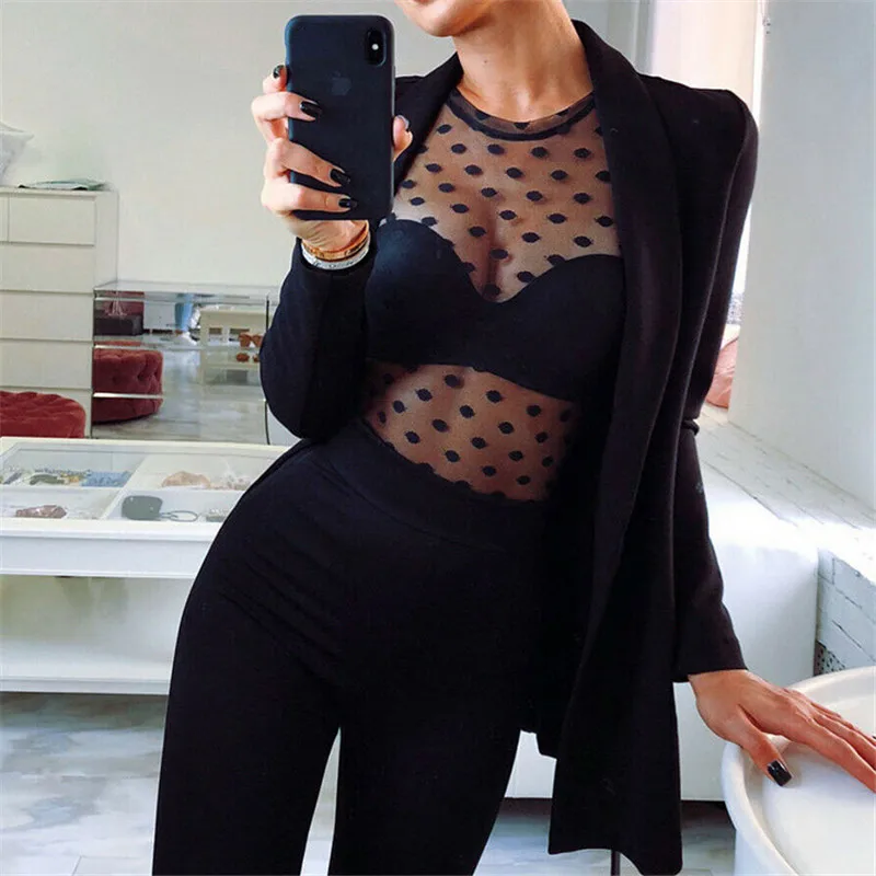 

Summer Women Long Sleeve Perspective T-Shirts New 2019 Ladies Sexy Club Mesh Dot T Shirt Party Crop Top Crew Sheer Tops T-shirt