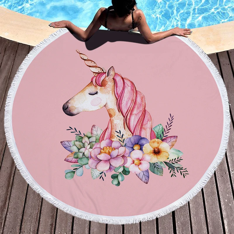 Розовый Единорог большое круглое пляжное полотенце толстое из микрофибры с