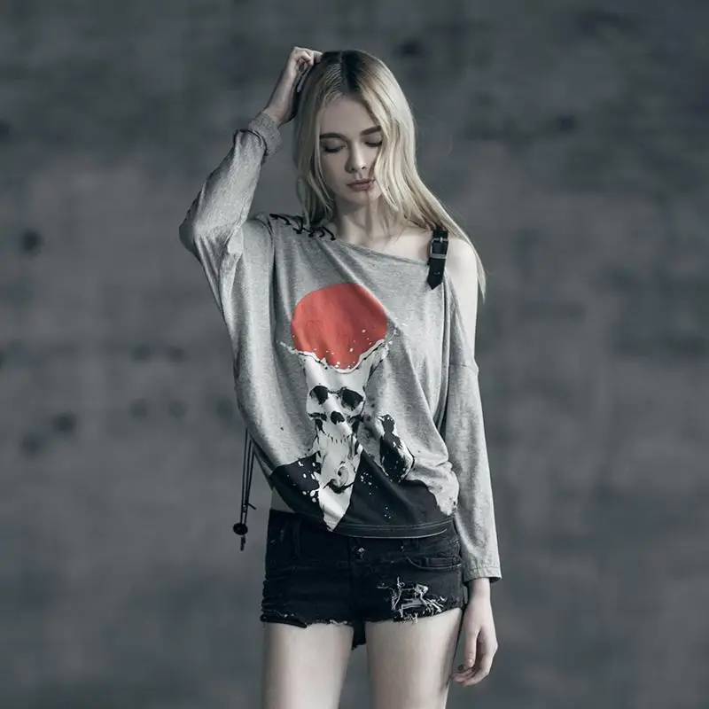 

Punk Rave Women's Goth Skull Printed Strappy Slash Side T-Shirt PT034